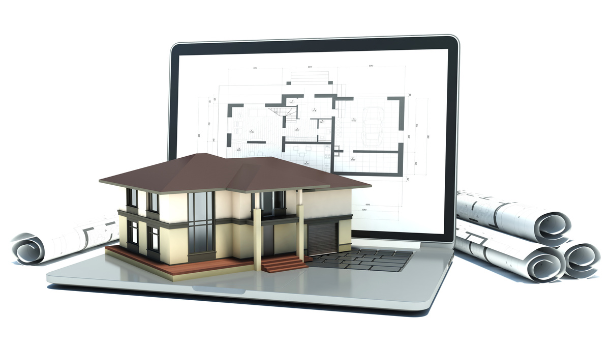 Laptop and drawings with house project. 3d